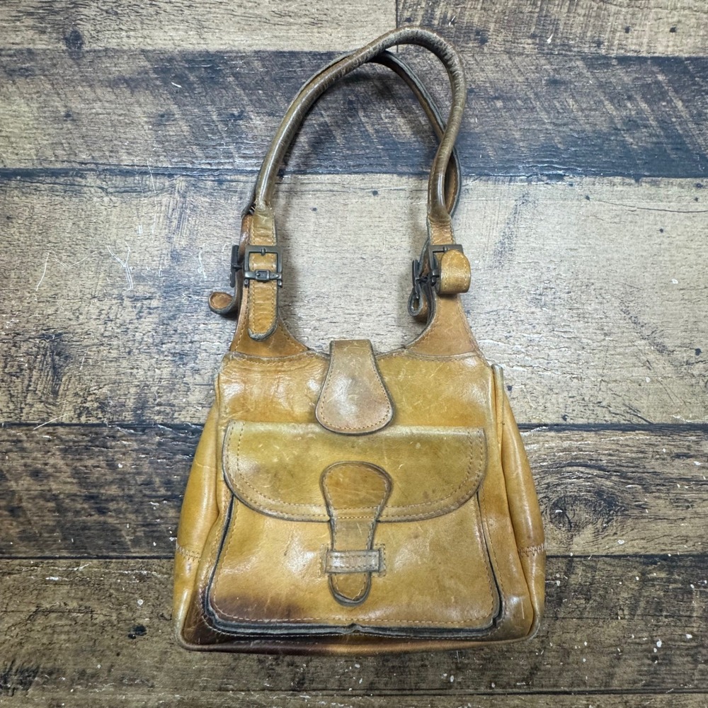 Vintage 1970s Michigan Leather Goods Co Tan Distressed Boho Shoulder Bag